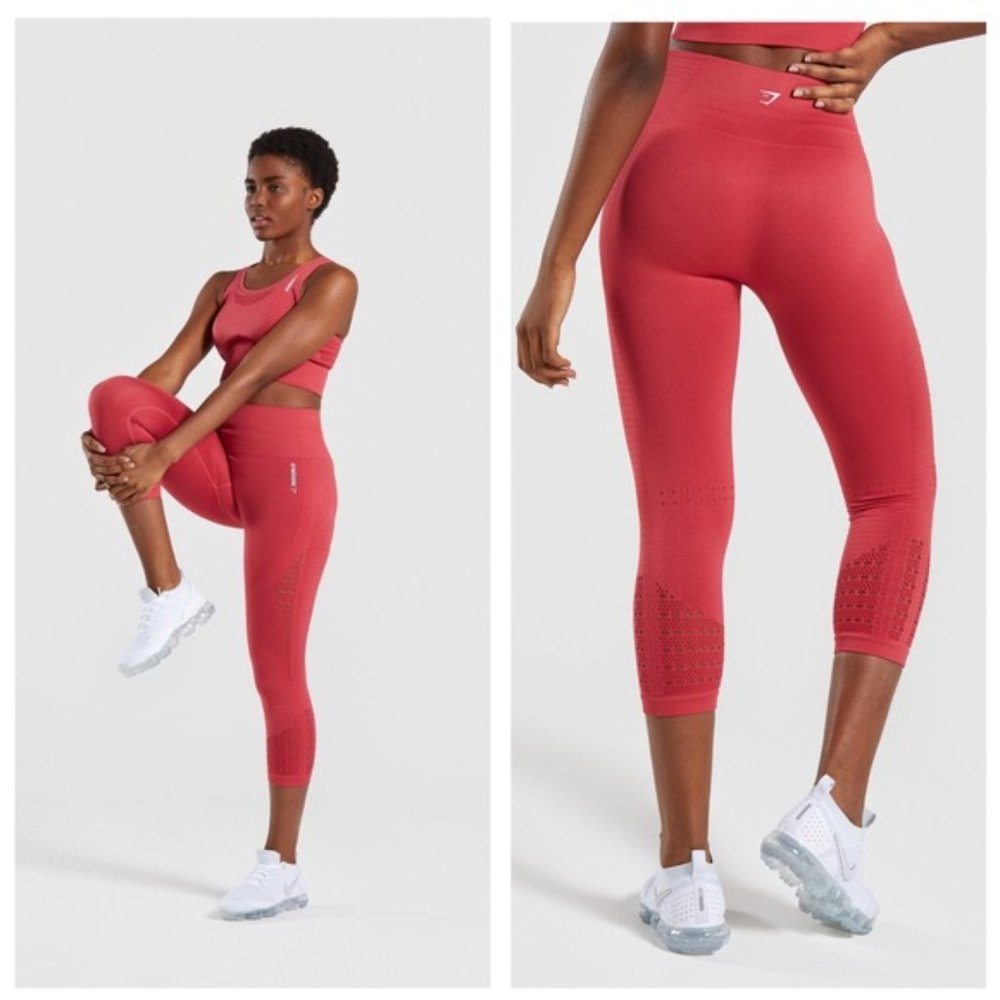 Gymshark Energy + Seamless Coral Red Cropped Perforated Leggings - Picture 1 of 7